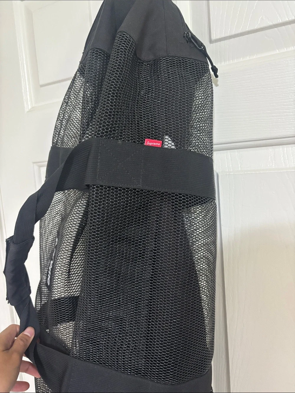 Supreme Black Duffel with White Vertical Logo